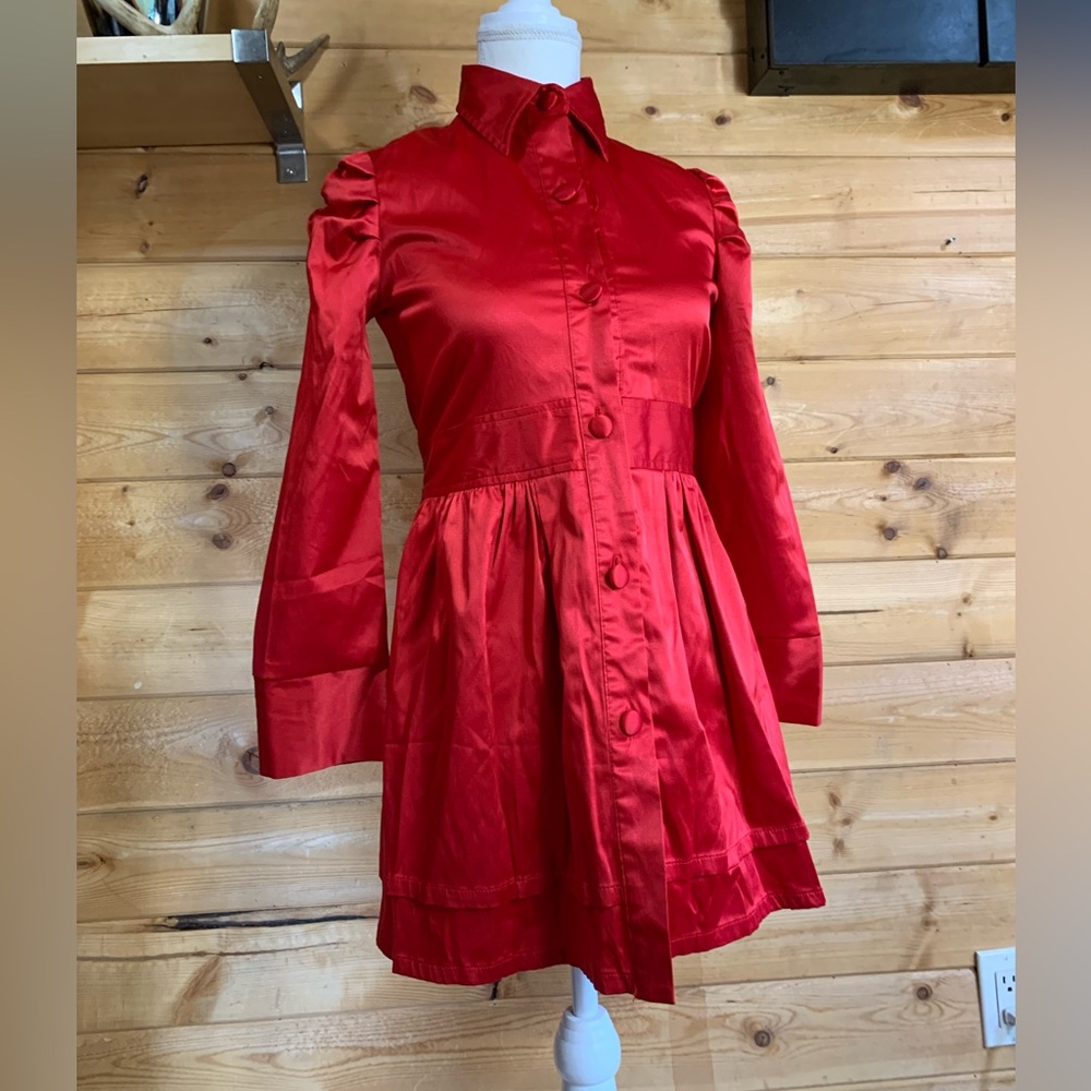 Vintage Red Satin Button Up Long Sleeve Dress Small